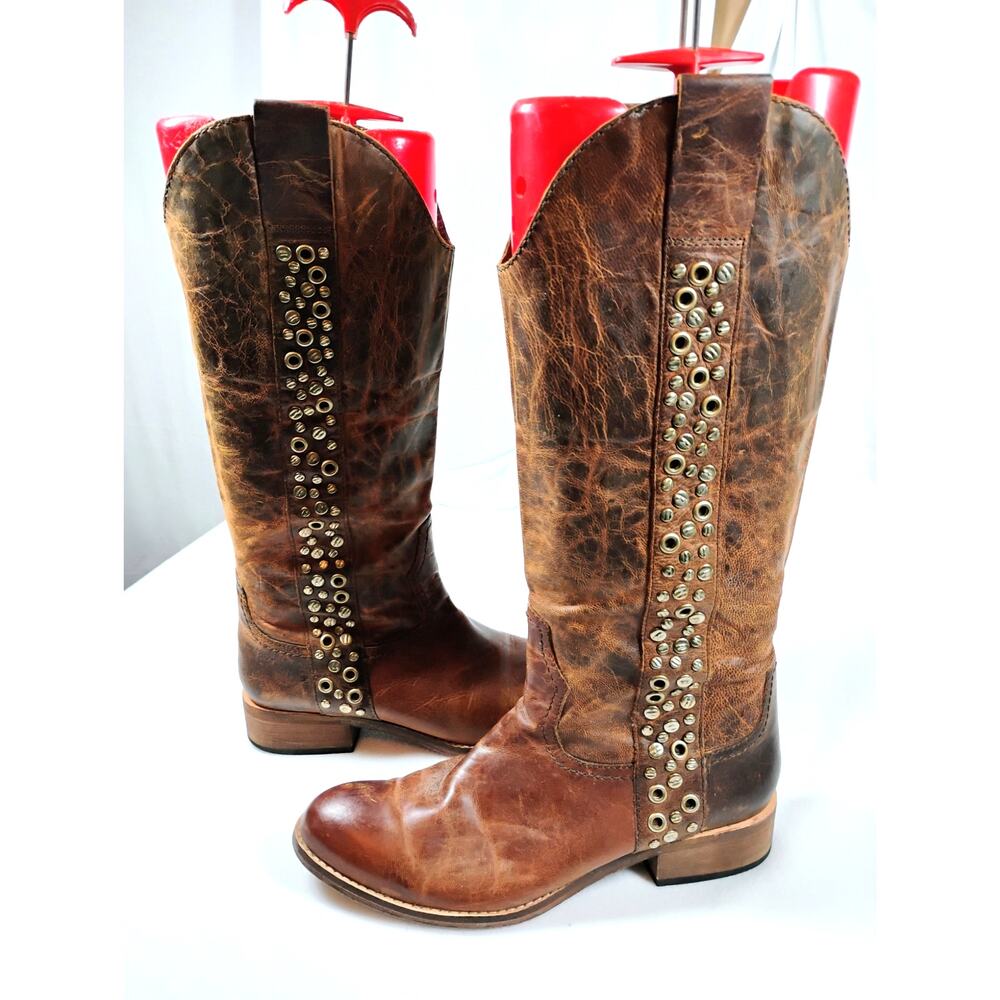Leather Riding Boots Womens 8M Brown Round Toe Stacked Heel Pull Tabs Western